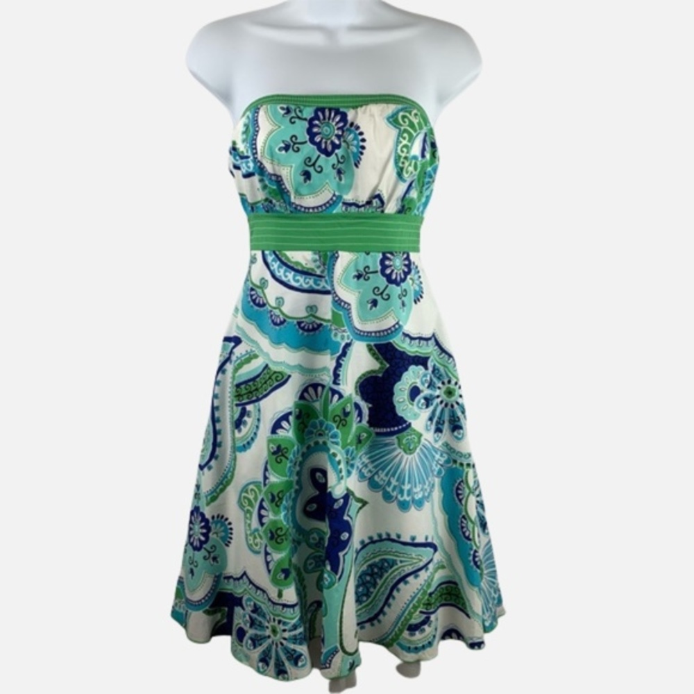My Michelle White Midi Sundress Blue Green Paisley Print Strapless